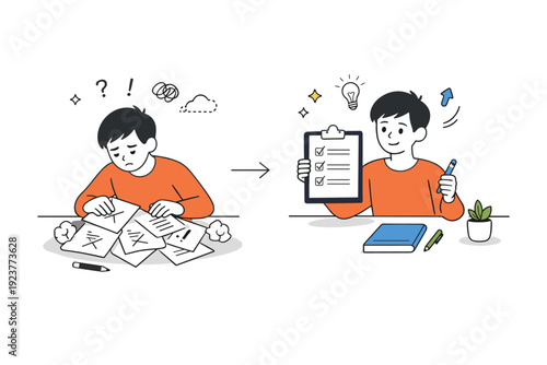 Organized Progress. Learning from errors. A person rearranges scattered documents into a clear checklist after a setback. The mood suggests growth,