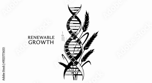 DNA helix intertwined with wheat stalks symbolizing renewable growth and biotechnology