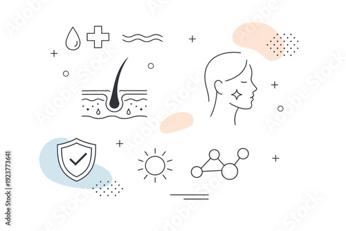 Abstract dermatology background. Clean skin-related symbols, curves, and soft shapes floating in a neutral medical editorial layout. Calm,