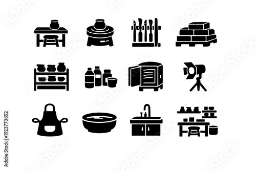 Ceramic Studio. Solid icon set of Ceramic Studio: pottery table, potter's wheel, tool rack, clay storage, drying shelf, glaze station, kiln, studio light,