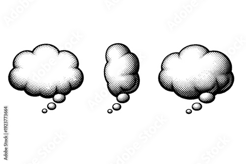 Comic thought bubble depicted as one cloud-shaped thought bubble object shown in three views: front view, side view, and three-quarter view emphasizing soft