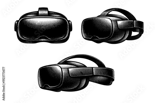 Stylized VR Headset Design. Virtual reality headset standalone VR headset with thick visor body, recessed lens area, and symmetrical form, presented in
