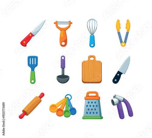 Kitchen tools. Colorful flat vector icons set of Kitchen tools: steak knife, peeler, whisk,