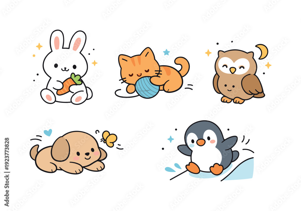 Fototapeta premium Cute animal illustration. Simple animals with rounded shapes and gentle expressions sitting or playing calmly. Soft, joyful, and