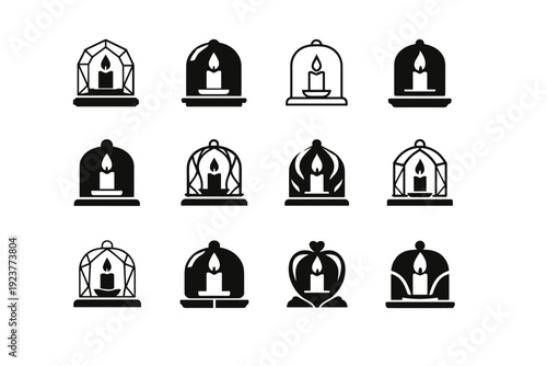 Candle centerpiece. Icon set. Set Logo of Candle centerpiece: candle inside glass dome with base. harmonious logo variations of the same