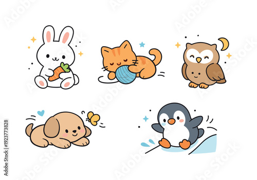 Cute animal illustration. Simple animals with rounded shapes and gentle expressions sitting or playing calmly. Soft, joyful, and