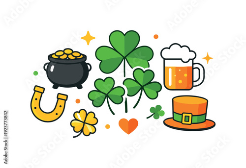 St. Patrick's Luck. St Patrick?s Day green background modern holiday backdrop built around shamrocks and simple symbols of luck, expressing joy, tradition, and
