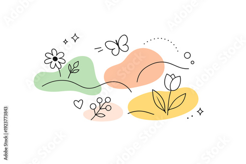 Abstract spring color balance. Organic shapes and floral hints combined in a harmonious layout, focusing on freshness and light seasonal