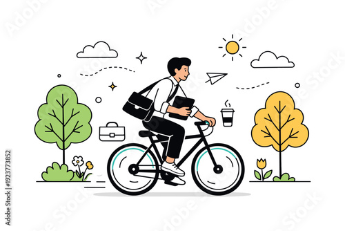 People balancing work and spring life. A person cycling to work with a bag and tablet, surrounded by trees and light clouds. The mood is