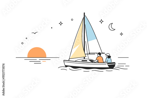 Golden hour sailing moment. A sailboat moves smoothly through open water, sails catching soft evening light. The mood is reflective and calm, focused on the