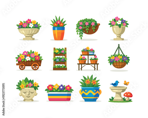 Garden focal points. Colorful flat vector icons set of Garden focal points: centerpiece