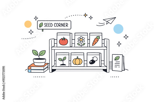 Library seed corner. A small shelf in a public library displays neatly arranged seed envelopes with plant labels, abstract shapes and dots floating around to