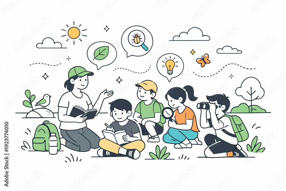 Fototapeta premium Outdoor learning experience. A calm editorial scene of students gathered outside with a teacher, observing nature and discussing ideas. The