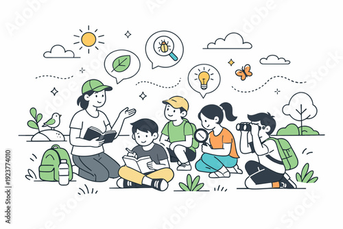 Outdoor learning experience. A calm editorial scene of students gathered outside with a teacher, observing nature and discussing ideas. The