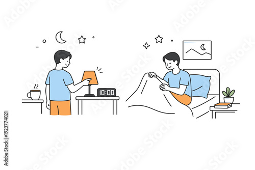 Sleep routine. A person calmly preparing for bedtime, turning off the light and getting into bed. The scene shows quiet evening rituals and a