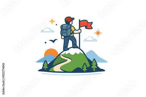 Explorer's Triumph. Adventure spirit expressed through a lone explorer standing on a small peak with a flag, conveying curiosity, courage, and the excitement