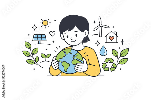 Sustainability Earth Day illustration. A calm editorial scene with a person gently holding a small planet Earth, surrounded by leaves and simple eco symbols,