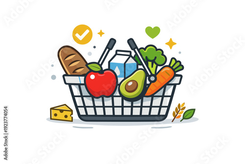 Healthy eating habits conscious choices illustrated by a grocery basket filled with simple whole foods, communicating awareness, responsibility and smart food