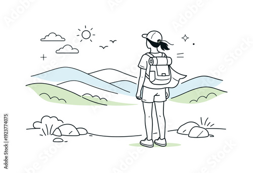 Peaceful Nature Hike. Nature hikes in light clothing. A hiker looks out over rolling hills from a quiet viewpoint, light outfit moving gently in the breeze.