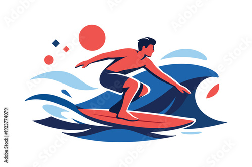 Flow state. Surfer riding a wave smoothly, body aligned with motion, minimal distractions
