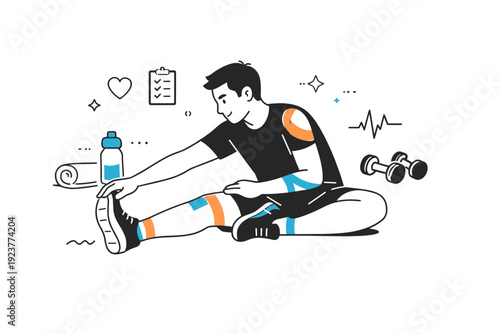 Athlete preparation scene. Simple character stretching with visible tape accents on joints. Calm focused pre-activity mood centered on safety