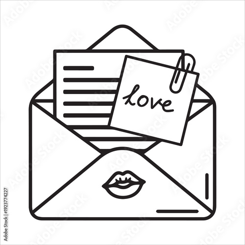 Romantic Love Letter in Envelope with Kiss Mark Line Art Icon