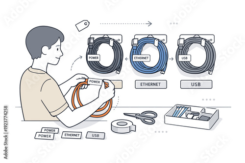 Cable labeling and sorting. A person organizing cables by color and tag, showing thoughtful preparation and long-term usability. Calm maintenance action with
