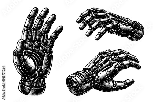 Robotic hand modular jointed actuator. Black and white dot style with halftone texture and high contrast. Halftone texture with partial solid