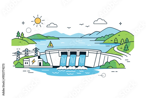 Dam and reservoir landscape. A peaceful editorial illustration of a hydroelectric dam integrated into a natural environment with hills,