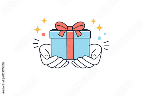Hands holding objects. Two hands present a wrapped gift box forward. Warm, thoughtful gesture with light decorative sparkles around. Minimalist flat vector