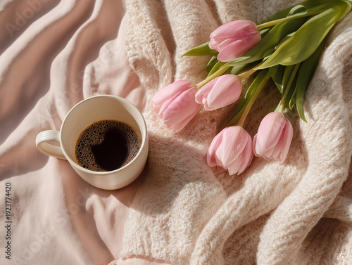 Kartka na międzynarodowy dzień kobiet. Kolorowy bukiet tulipanów i kawa  © Paweł Ziółkowski