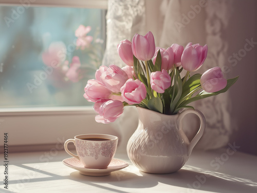 Kartka na międzynarodowy dzień kobiet. Kolorowy bukiet tulipanów i kawa  © Paweł Ziółkowski