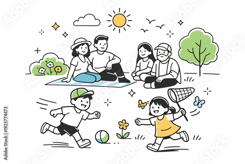 Spring holiday family portrait outdoors. Family watching children play in a sunny park, adults relaxed and attentive in the background. Sense of safety,