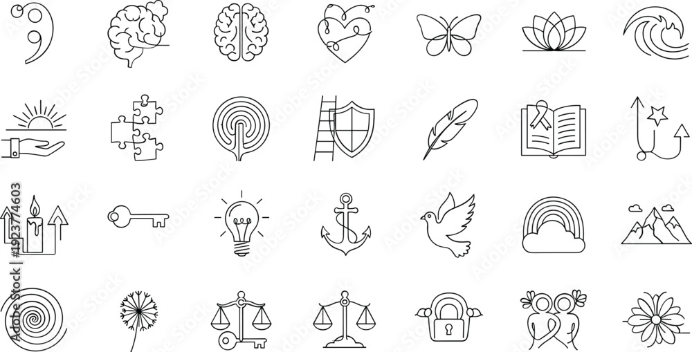 Fototapeta premium Collection of line icons for mental health and wellness concepts