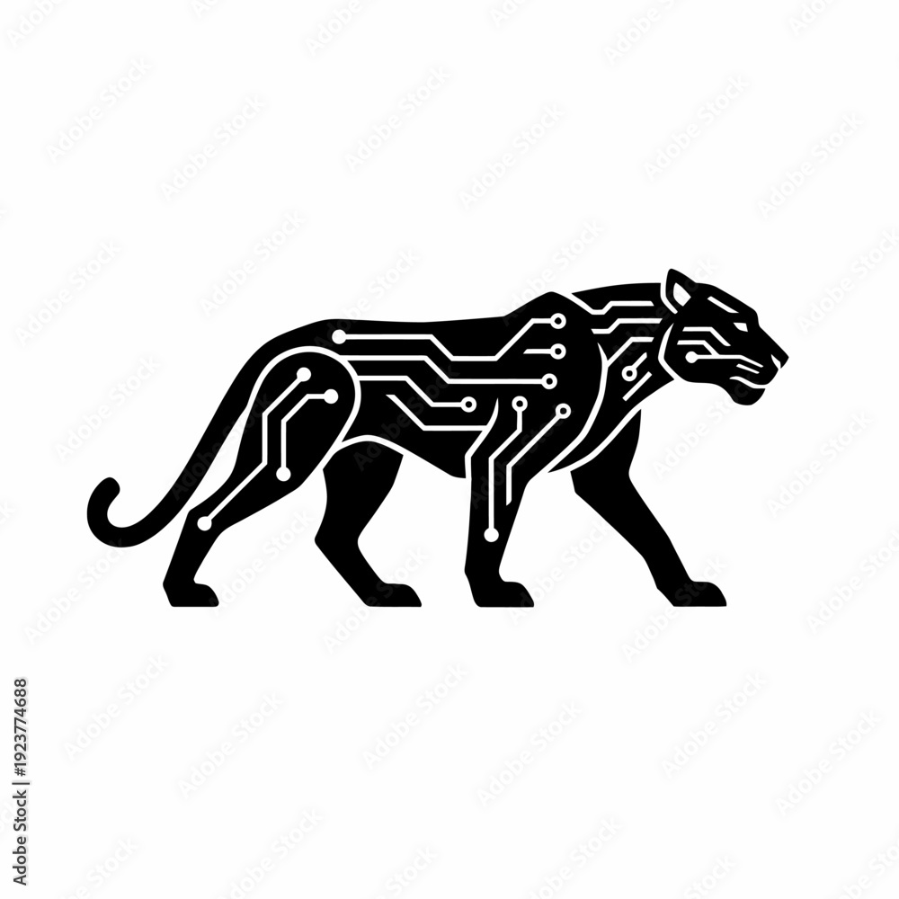 Fototapeta premium Black Panther with Circuit Board Pattern Digital Technology.