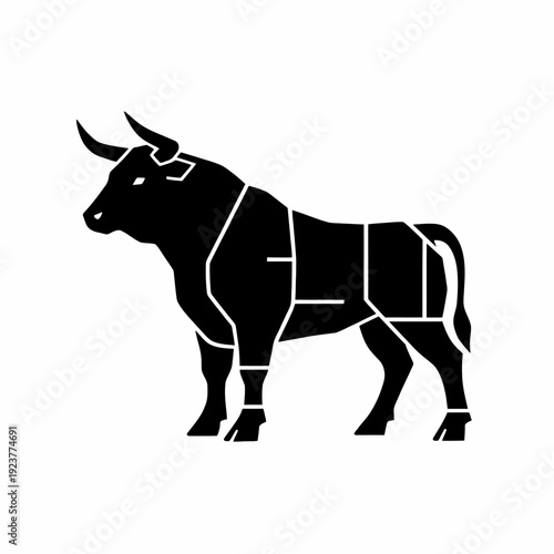 Black silhouette of a bull with butcher cuts diagram.