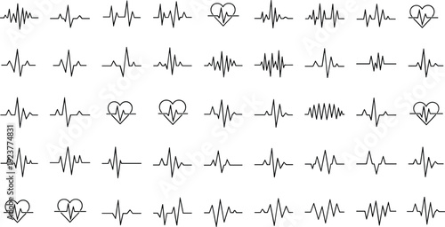 Collection of various heartbeat line icons and heart symbols