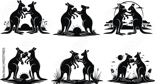Black kangaroo family silhouette set, Australian wildlife vector illustration collection, sunset landscape background, marsupial parenting scene, iconic outback animal art