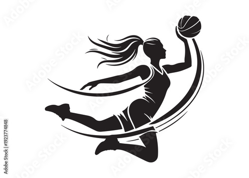 women's basketball dunking logo silhouette vector, basketball logo silhouette vector illustration, sport basketball logo vector, basketball player dunking logo vector silhouette on white background 