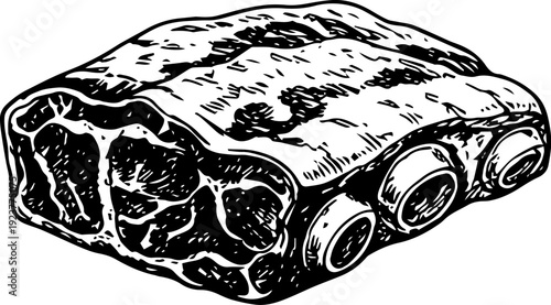 Vintage Engraving Thick Marbled Beef Brisket Block