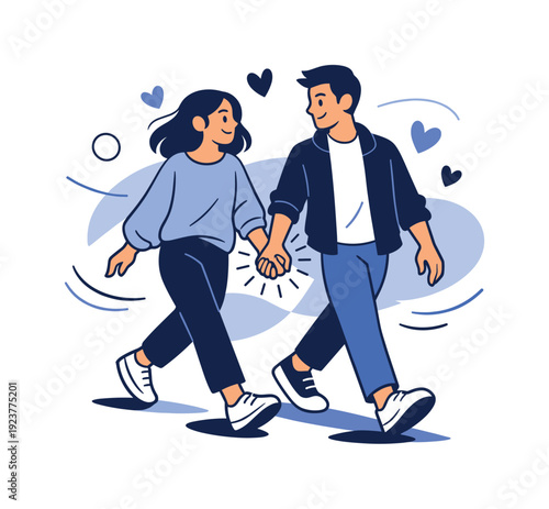 The importance of physical touch. Couple holding hands while walking, gentle motion lines