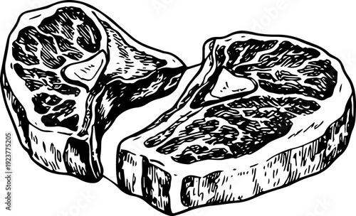 Vintage Engraving Two Porterhouse Steaks Isolated