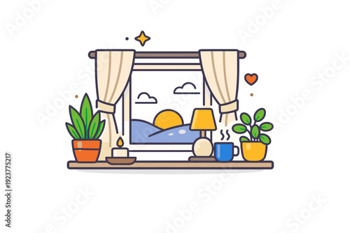 Creating a calm hygge atmosphere a window scene with soft curtains, indoor plants and gentle light, representing peace, balance and emotional