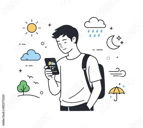 People checking weather apps. A person standing outdoors looking at a smartphone with a simple weather interface, relaxed posture and calm