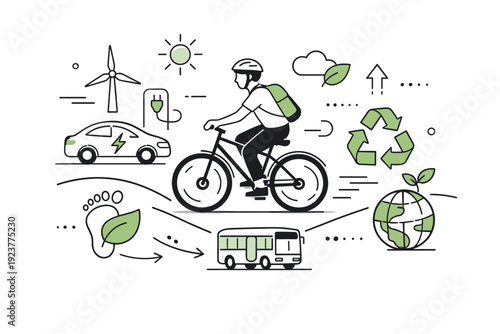 Sustainable transportation. A person riding a bicycle alongside green icons and smooth paths. Editorial metaphor of eco-friendly mobility and conscious