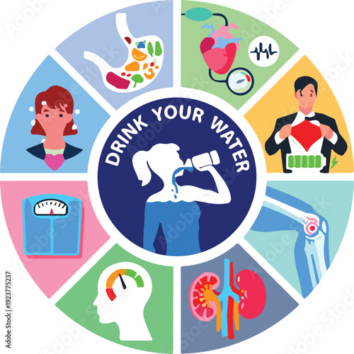 Drink your water health concept illustration, hydration benefits infographic with body organs wellness icons, medical nutrition awareness vector design