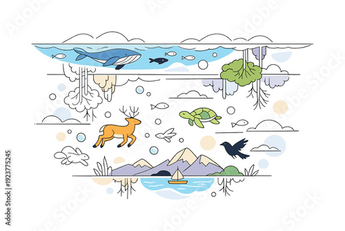 Surreal environmental art: inverted world ecosystem. An upside-down landscape with oceans in