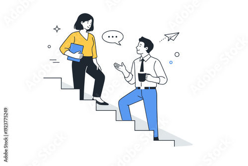 People on staircases. Two colleagues pause briefly on the steps, one standing higher, one lower, exchanging attention without urgency. Subtle hierarchy and
