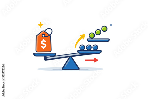 Price elasticity concept in economics shown as balance and movement scale with price tag on one side and demand dots shifting on the other,