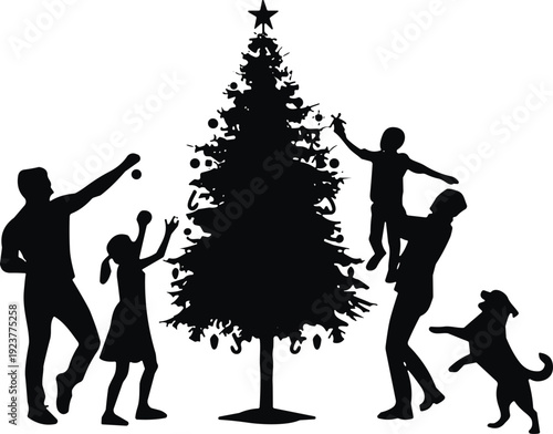 Family decorating Christmas tree silhouette illustration, parents children and dog celebrating holiday season festive winter vector clipart design